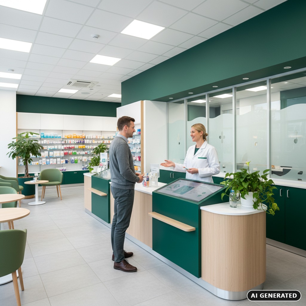 AI Generated: A pharmacist in a white coat assists a male customer at a modern pharmacy service counter.